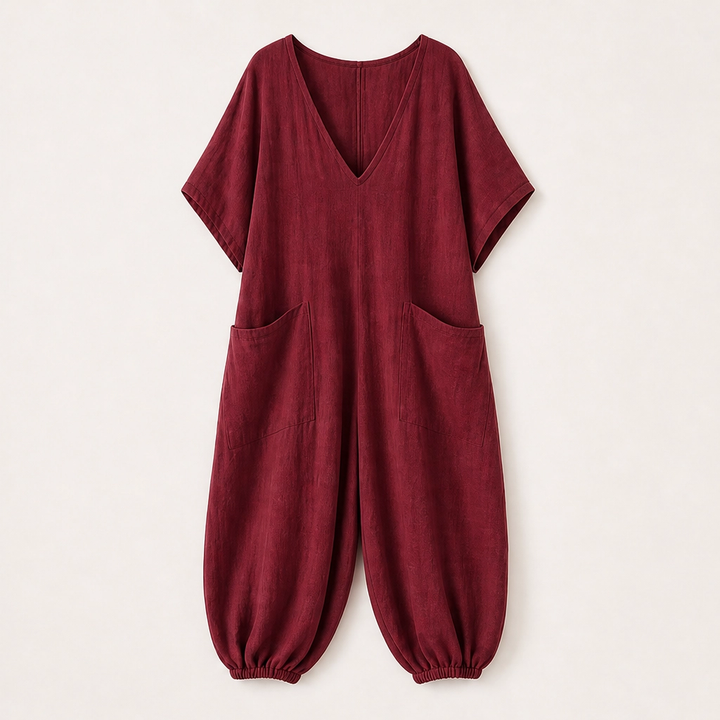 Willowmere – Airy Linen-Blend V-Neck Oversized Jumpsuit with Pockets + 50% OFF