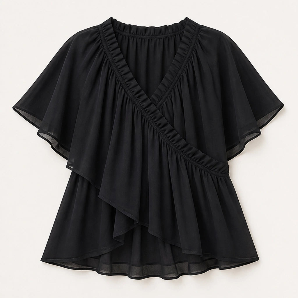 Thalise – Ruffled Faux-Wrap Chiffon Blouse with Flutter Sleeves + 50% OFF