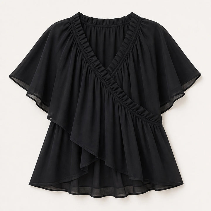 Thalise – Ruffled Faux-Wrap Chiffon Blouse with Flutter Sleeves + 50% OFF