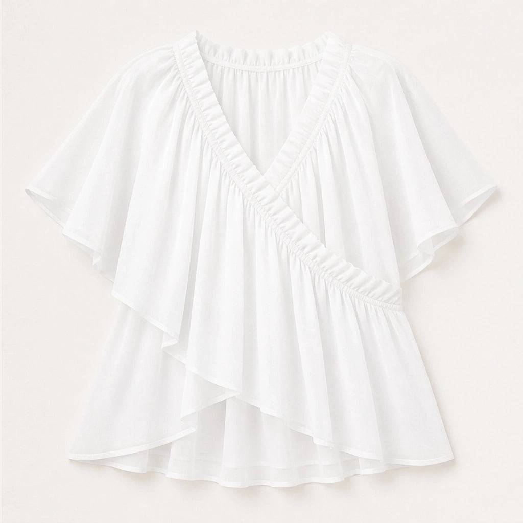 Thalise – Ruffled Faux-Wrap Chiffon Blouse with Flutter Sleeves + 50% OFF