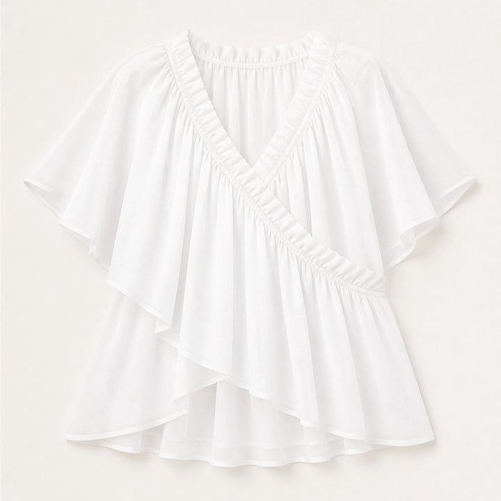 Thalise – Ruffled Faux-Wrap Chiffon Blouse with Flutter Sleeves + 50% OFF
