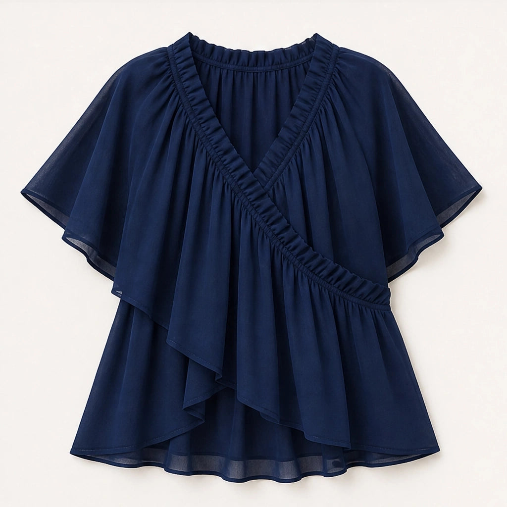 Thalise – Ruffled Faux-Wrap Chiffon Blouse with Flutter Sleeves + 50% OFF