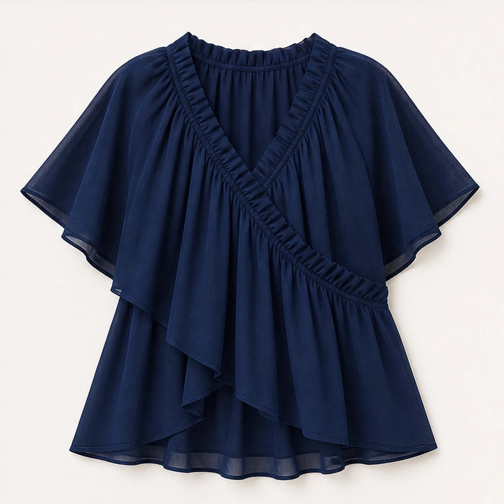 Thalise – Ruffled Faux-Wrap Chiffon Blouse with Flutter Sleeves + 50% OFF
