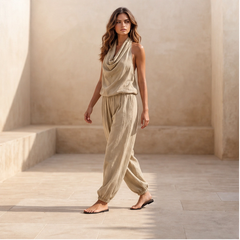 Solveia – Draped Halter Jumpsuit with Breathable Elastic-Waist Comfort + 50% OFF