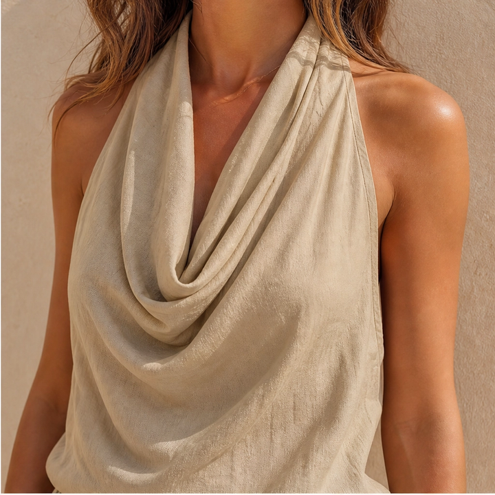 Solveia – Draped Halter Jumpsuit with Breathable Elastic-Waist Comfort + 50% OFF