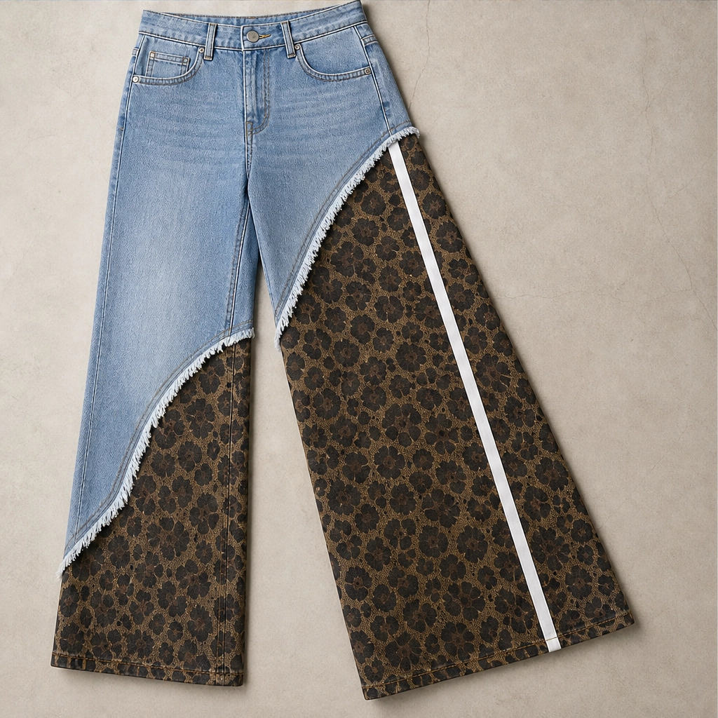 Prowl – Leopard Patchwork Wide-Leg Cotton Jeans + 50% OFF
