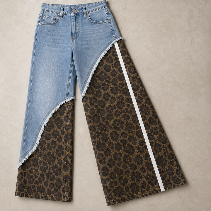 Prowl – Leopard Patchwork Wide-Leg Cotton Jeans + 50% OFF