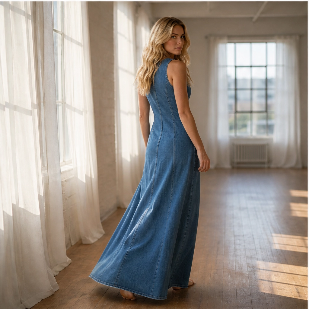 Marlowe – V-Neck Button-Front Denim Maxi Dress with Side Slit + 50% OFF