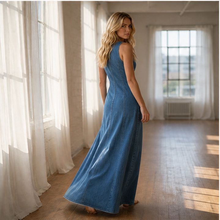 Marlowe – V-Neck Button-Front Denim Maxi Dress with Side Slit + 50% OFF