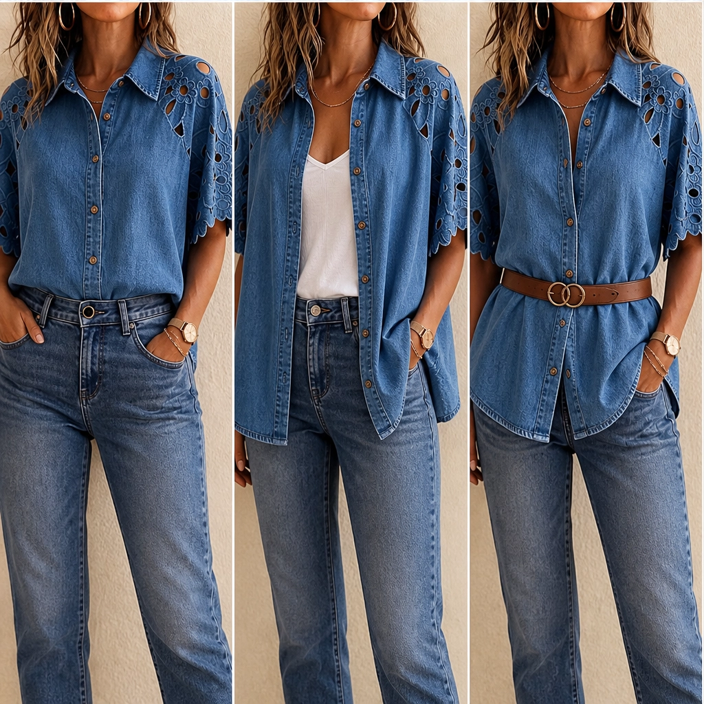 Everly – Floral Eyelet Cutout Denim Shirt + 50% OFF