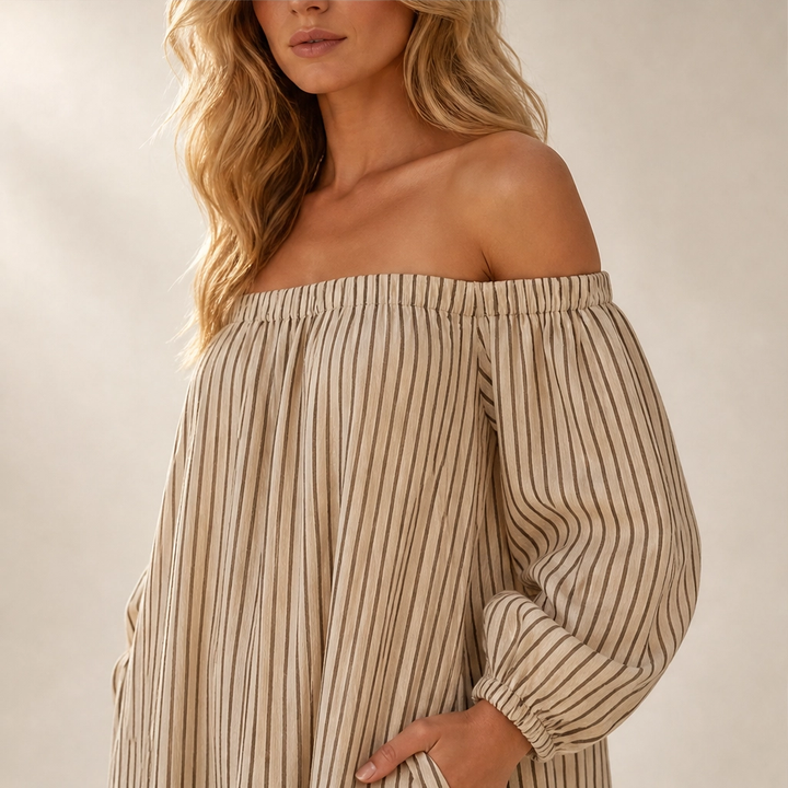Solene – Off-Shoulder Lantern-Sleeve Maxi Dress with Pockets + 50% OFF