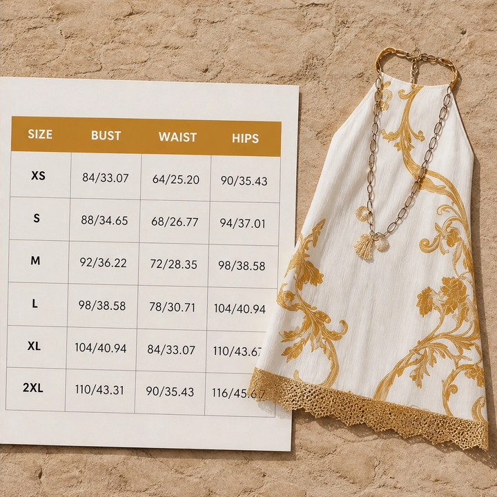 Solenne – Gold Baroque Print Lace-Trim Sleeveless Mini Dress + 50% OFF