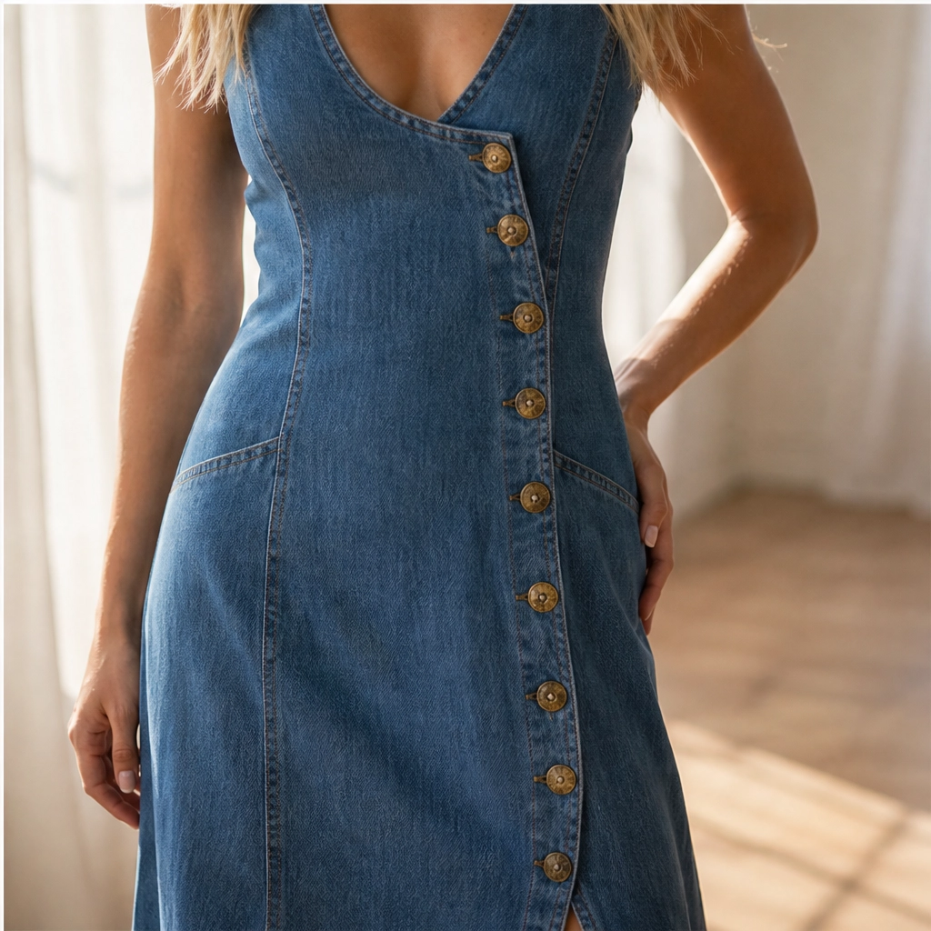 Marlowe – V-Neck Button-Front Denim Maxi Dress with Side Slit + 50% OFF