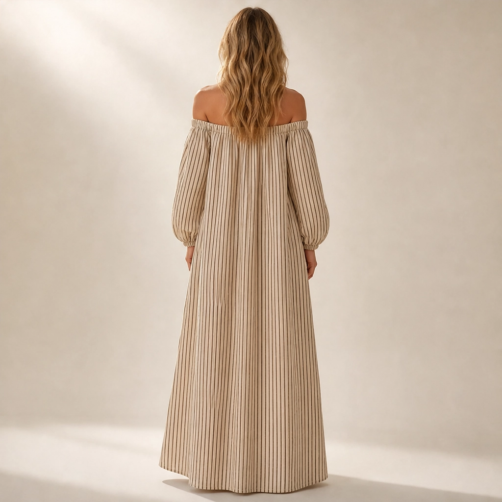 Solene – Off-Shoulder Lantern-Sleeve Maxi Dress with Pockets + 50% OFF