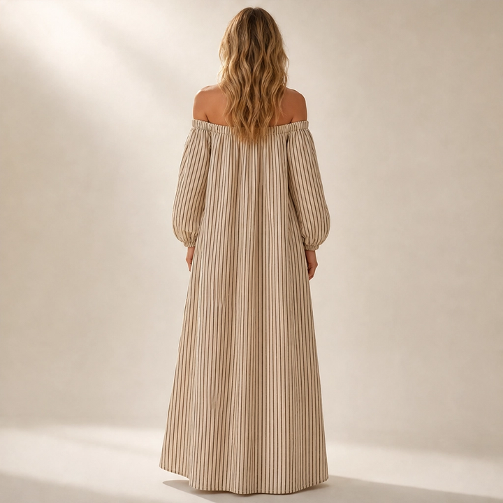 Solene – Off-Shoulder Lantern-Sleeve Maxi Dress with Pockets + 50% OFF