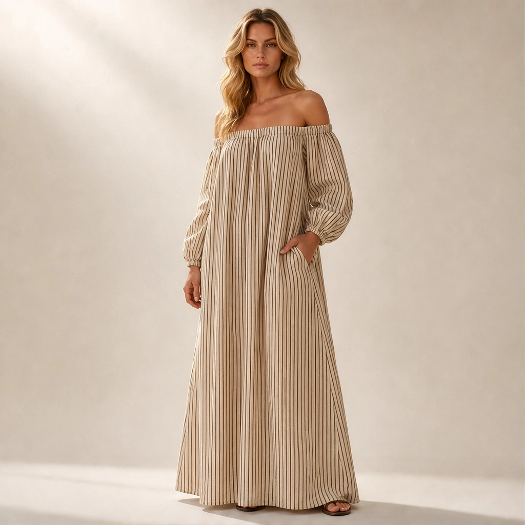 Solene – Off-Shoulder Lantern-Sleeve Maxi Dress with Pockets + 50% OFF