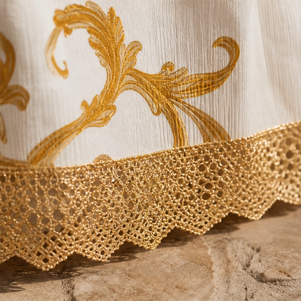 Solenne – Gold Baroque Print Lace-Trim Sleeveless Mini Dress + 50% OFF