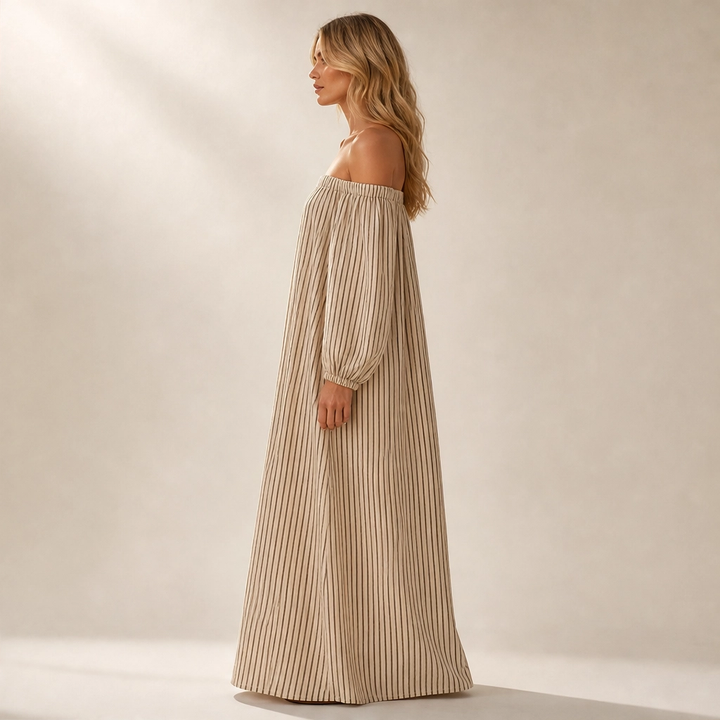 Solene – Off-Shoulder Lantern-Sleeve Maxi Dress with Pockets + 50% OFF