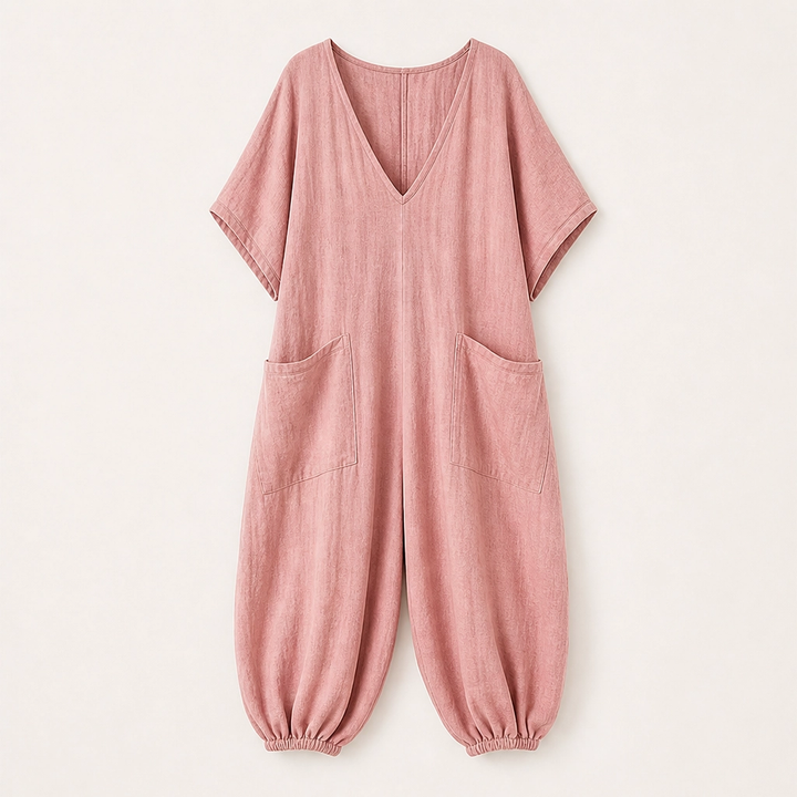 Willowmere – Airy Linen-Blend V-Neck Oversized Jumpsuit with Pockets + 50% OFF