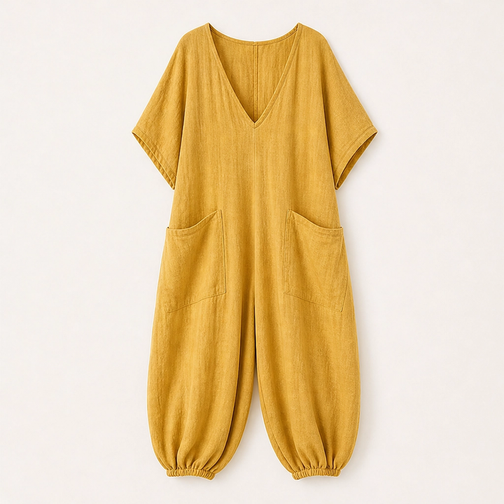Willowmere – Airy Linen-Blend V-Neck Oversized Jumpsuit with Pockets + 50% OFF