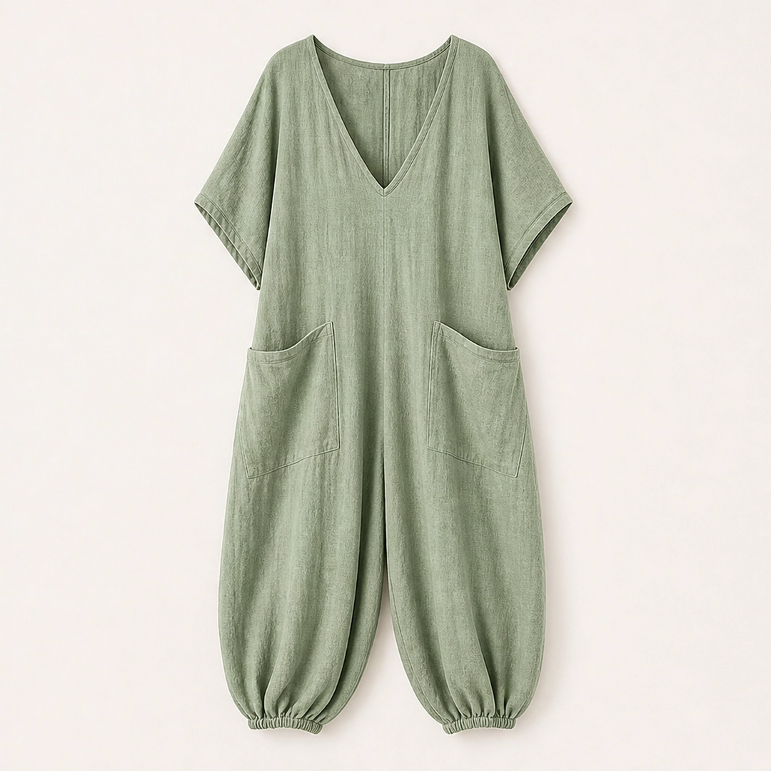 Willowmere – Airy Linen-Blend V-Neck Oversized Jumpsuit with Pockets + 50% OFF