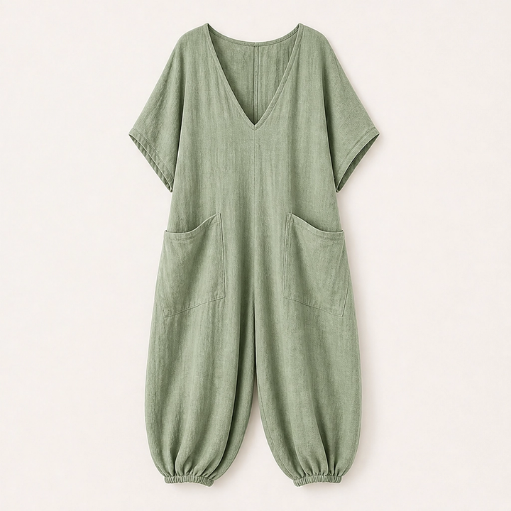 Willowmere – Airy Linen-Blend V-Neck Oversized Jumpsuit with Pockets + 50% OFF