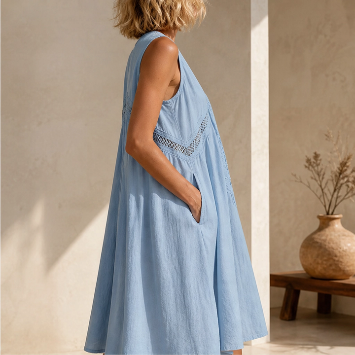 Solenne – Sleeveless V-Neck Lace-Trim Midi Dress with Pockets + 50% OFF