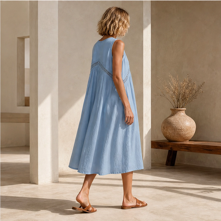 Solenne – Sleeveless V-Neck Lace-Trim Midi Dress with Pockets + 50% OFF