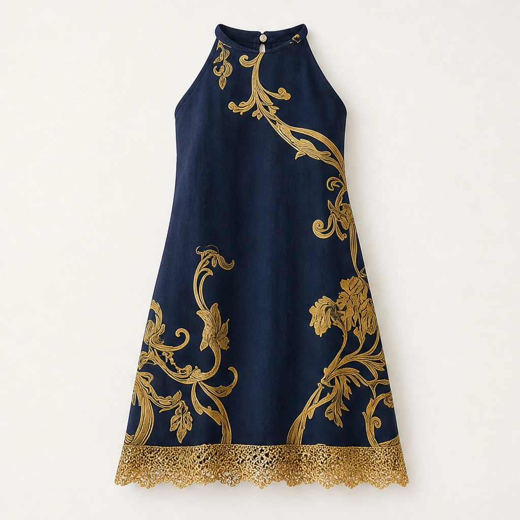 Solenne – Gold Baroque Print Lace-Trim Sleeveless Mini Dress + 50% OFF
