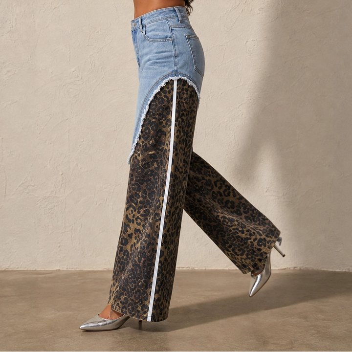 Prowl – Leopard Patchwork Wide-Leg Cotton Jeans + 50% OFF