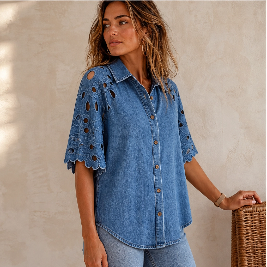 Everly – Floral Eyelet Cutout Denim Shirt + 50% OFF
