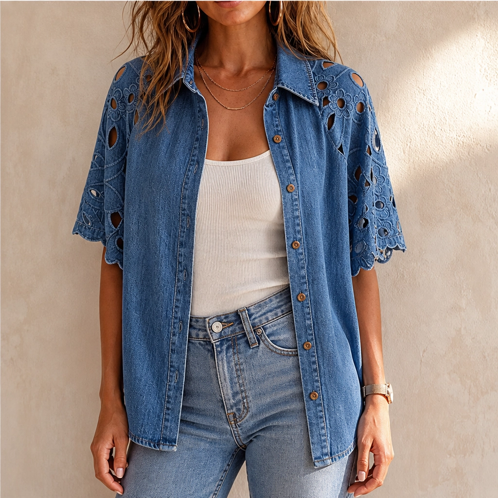 Everly – Floral Eyelet Cutout Denim Shirt + 50% OFF