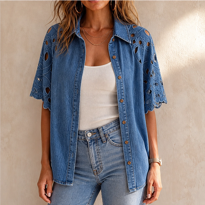 Everly – Floral Eyelet Cutout Denim Shirt + 50% OFF