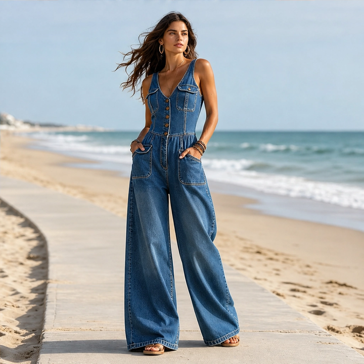 Willowdrift – Button-Front Wide-Leg Denim Jumpsuit + 50% OFF