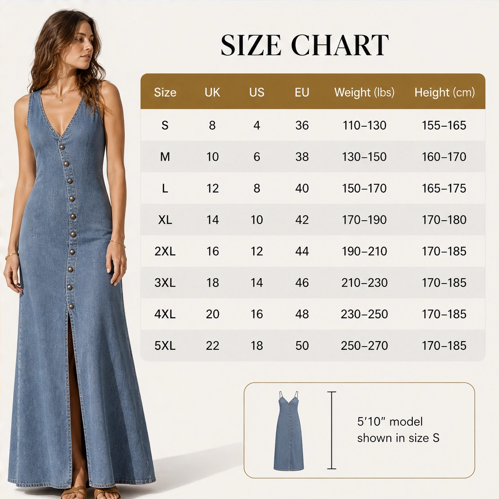 Marlowe – V-Neck Button-Front Denim Maxi Dress with Side Slit + 50% OFF
