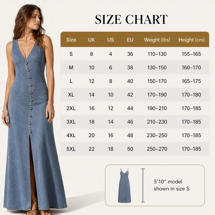 Marlowe – V-Neck Button-Front Denim Maxi Dress with Side Slit + 50% OFF
