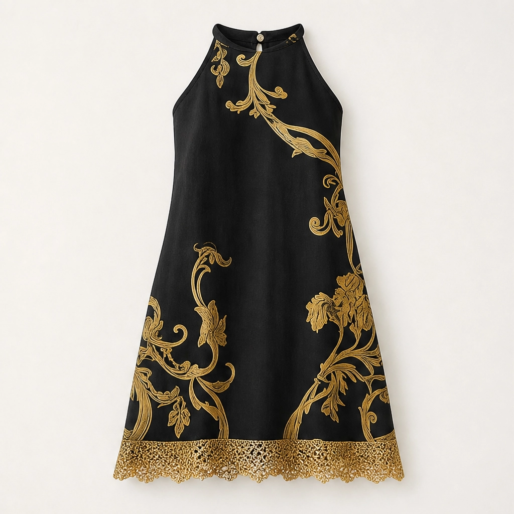 Solenne – Gold Baroque Print Lace-Trim Sleeveless Mini Dress + 50% OFF