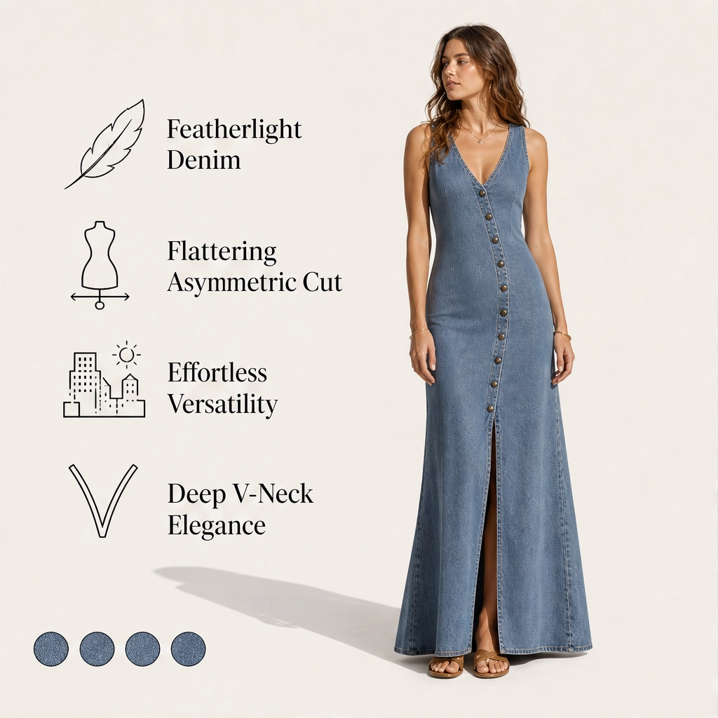 Marlowe – V-Neck Button-Front Denim Maxi Dress with Side Slit + 50% OFF
