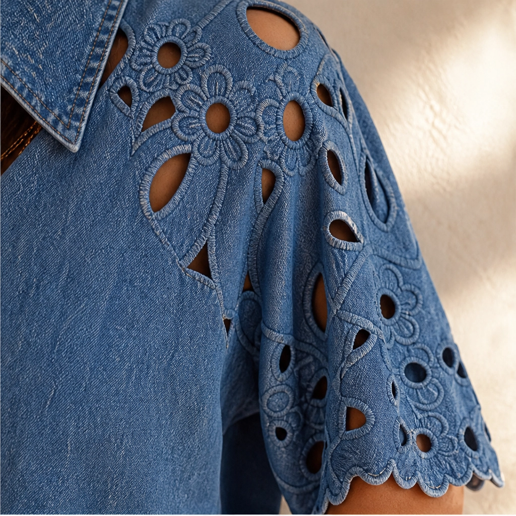 Everly – Floral Eyelet Cutout Denim Shirt + 50% OFF