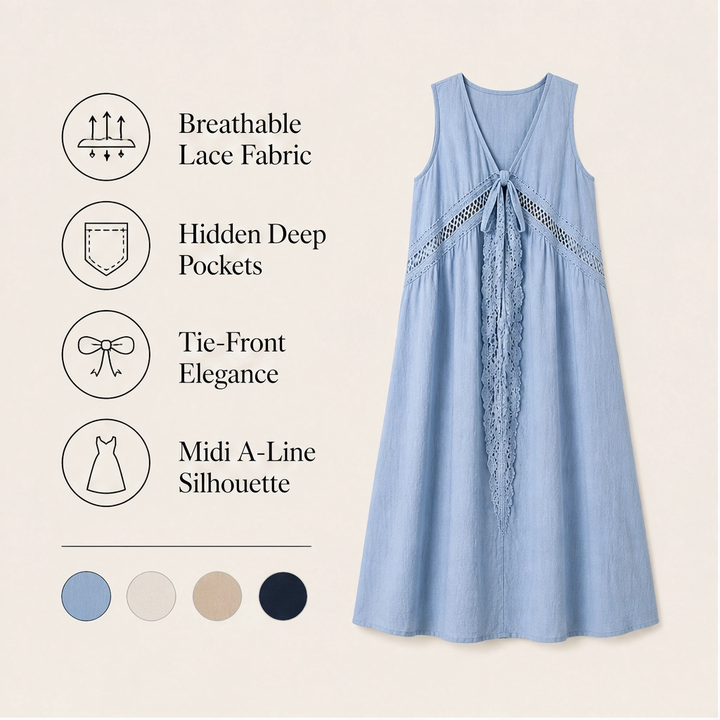 Solenne – Sleeveless V-Neck Lace-Trim Midi Dress with Pockets + 50% OFF