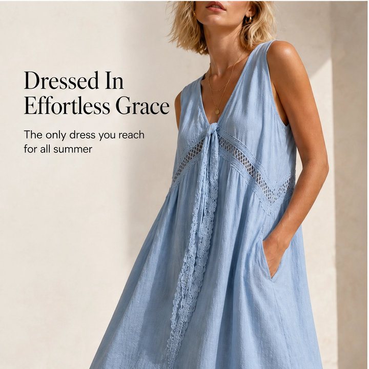 Solenne – Sleeveless V-Neck Lace-Trim Midi Dress with Pockets + 50% OFF