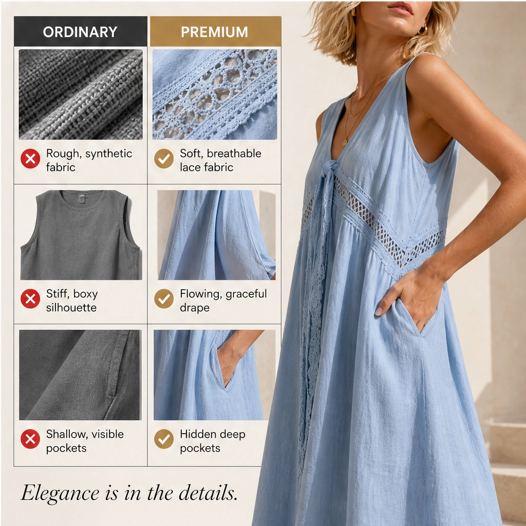 Solenne – Sleeveless V-Neck Lace-Trim Midi Dress with Pockets + 50% OFF