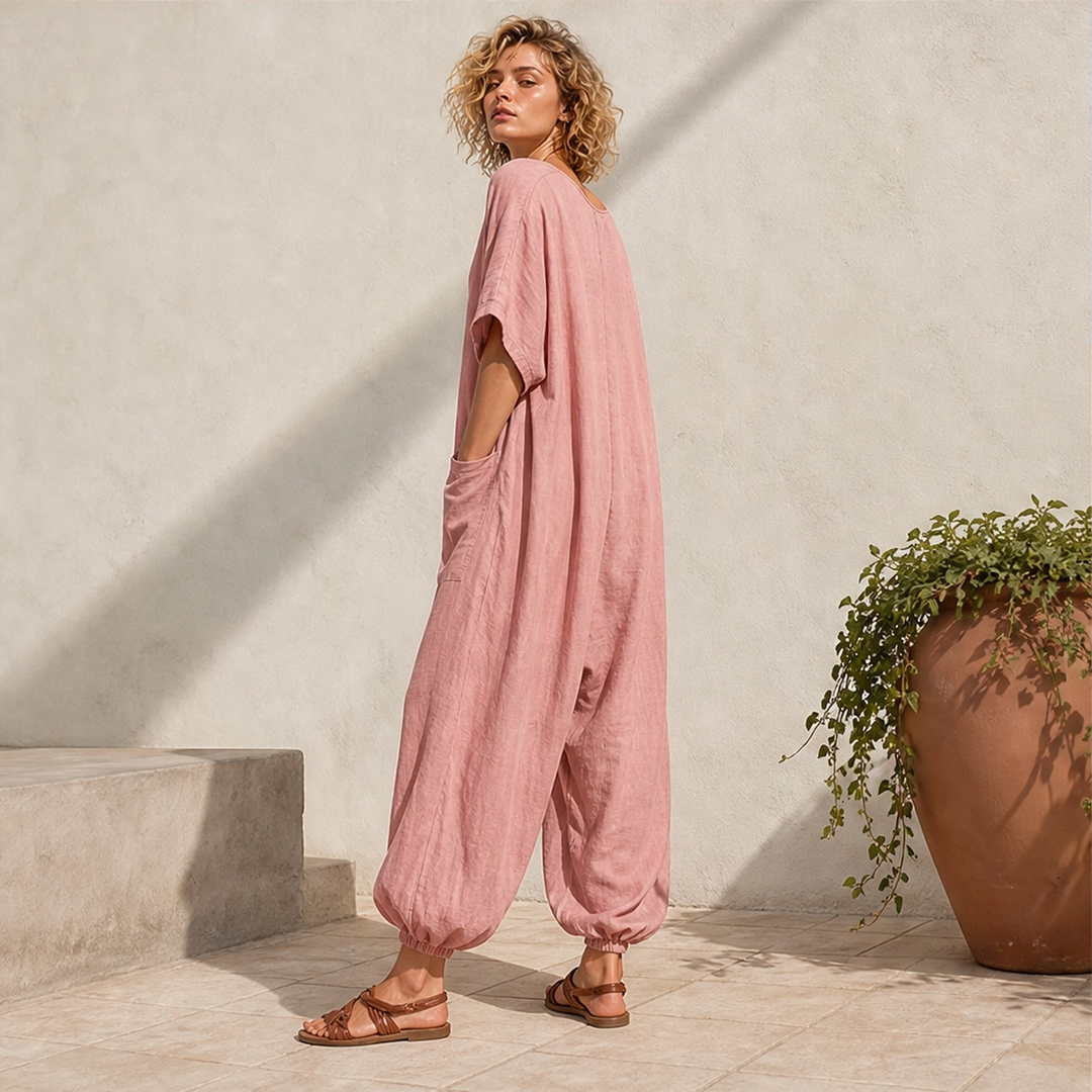Willowmere – Airy Linen-Blend V-Neck Oversized Jumpsuit with Pockets + 50% OFF