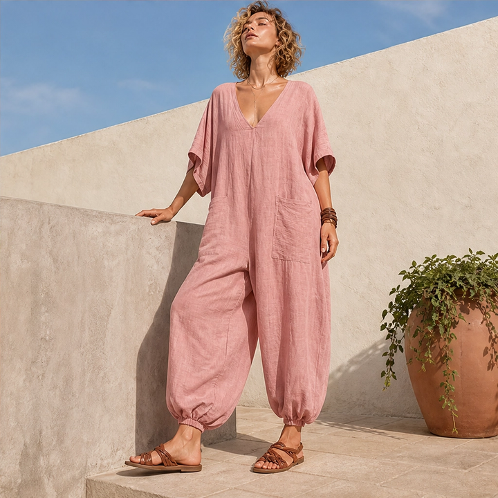 Willowmere – Airy Linen-Blend V-Neck Oversized Jumpsuit with Pockets + 50% OFF