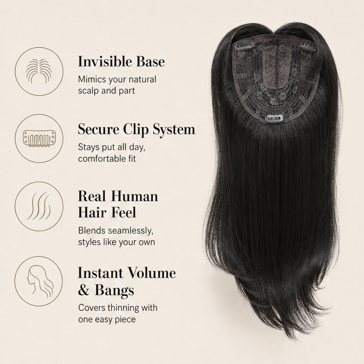 Crownvale – Undetectable Clip-In Volume with Bangs Hair Topper + 50% OFF features