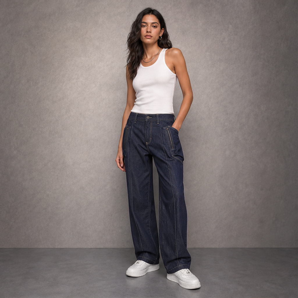 Denwick – Faux Denim Stretch Cargo Pants with Zip Pockets + 50% OFF lifestyle