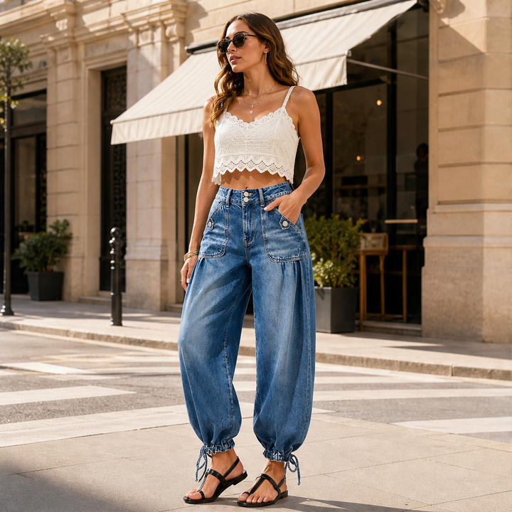 Barrelune – High Waisted Stretch Barrel Jeans with Tie Ankle Hem + 50% OFF lifestyle