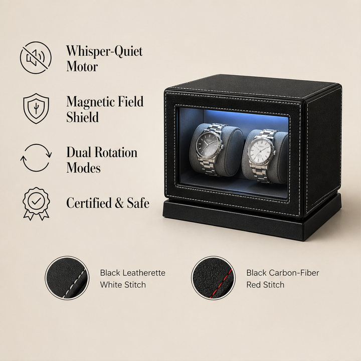Rotarque – Silent Dual-Rotation Automatic Watch Winder Box + 50% OFF features