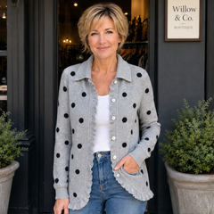 Marlowick – Ruffle Trim Polka Dot Knit Cardigan + 50% OFF