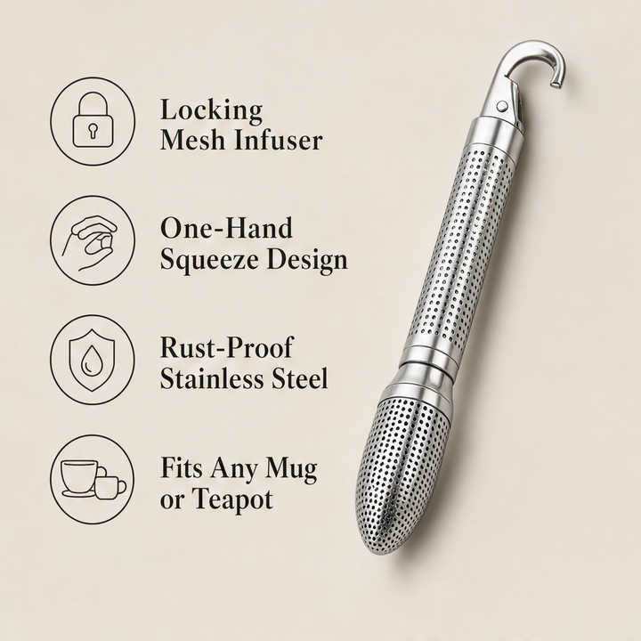 Steepvane – Squeeze-Plunger Locking Mesh Stainless Steel Tea Strainer + 50% OFF features